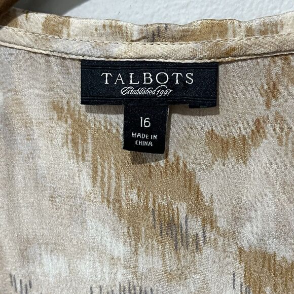 Talbots Top 100% Silk Women’s 16 Brown Cream Leaf Ruffle Neck Sleeveless - Picture 3 of 6